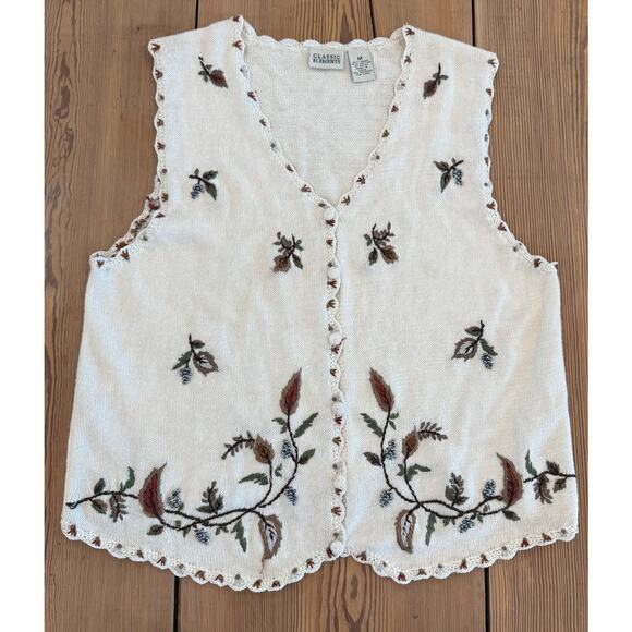 Classic Elements Jackets & Blazers - Women's Vintage Classic‎ Elements White Floral Knit Vest Cotton Blend Medium